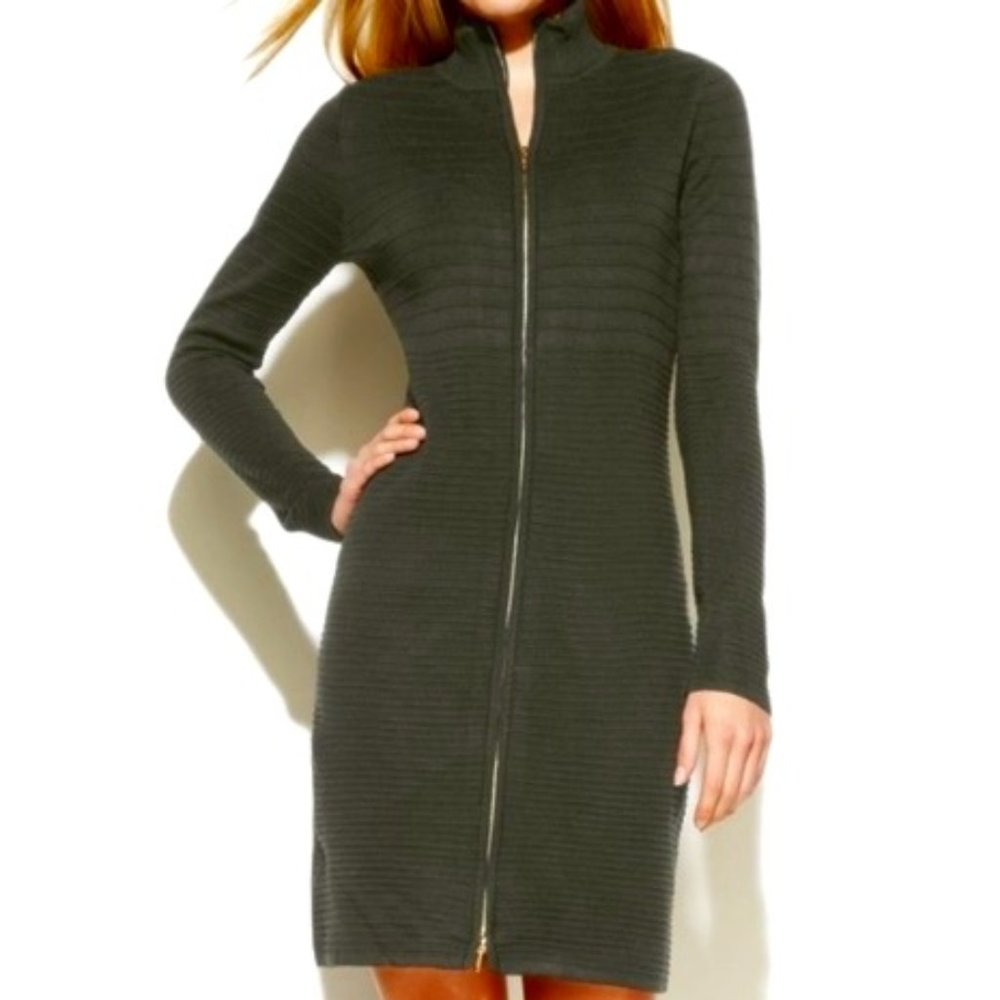 Calvin Klein Long Sleeve Zip-Front Sweater Dress - Charcoal Gray - Size Medium